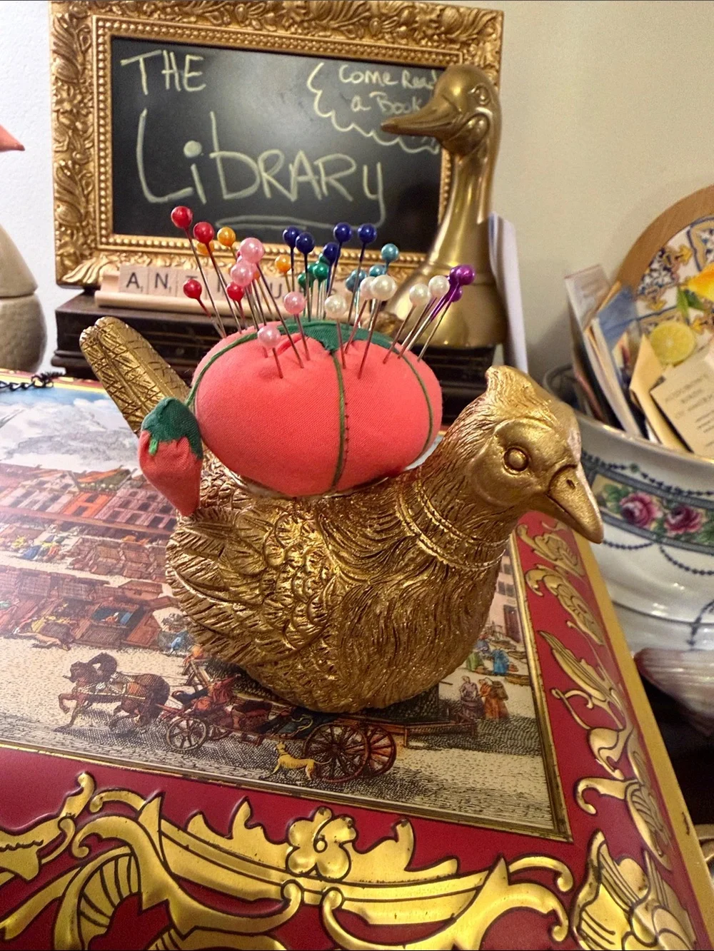 Decorative Gold Bird Pin Cushion with Red Strawberry Accent